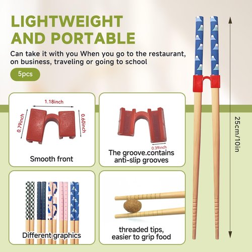 EAEDMY 5 Pairs Reusable Adult Kid Training Chopsticks Trainers for Beginners, Japanese Wooden Beginners Learning Training Chopsticks Helpers Set, Dishwasher Safe, L8.86Inch (1.Mount Fuji)