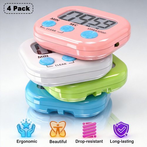 Antonki 4 Pack Digital Timer for Kids, Kitchen Timer for Cooking, Classroom, Study, Exercise with Countdown/Up Mode - Loud Alarm, Large Display - AAA Battery Operated (Not Included)
