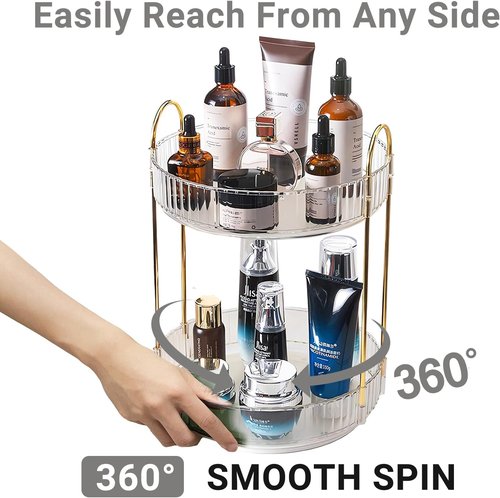Asayuee 360° Rotating Makeup Organizer - 2-Tier Large Capacity for Skincare & Cosmetics | Clear