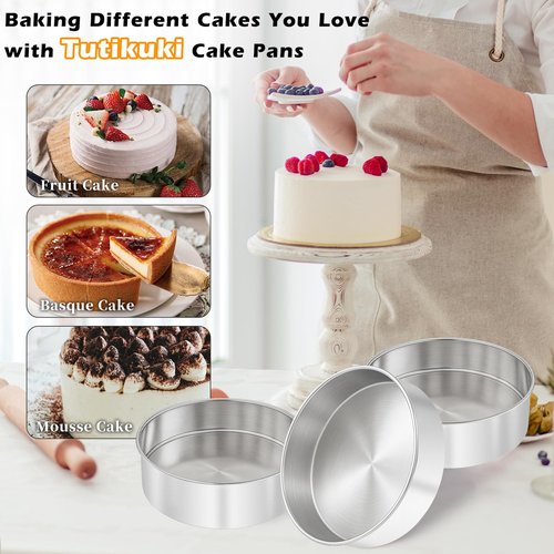 tutikuki 8 Inch Cake Pan - 3PCS Stainless Steel Round Layer Cake Baking Pans with 100 PCS Parchment Paper, Round Bakeware for Party Birthday Wedding, Mirror Finish & Dishwasher Safe