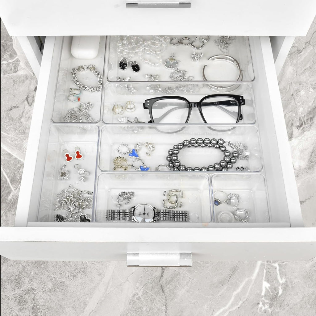 Manalete Drawer Organizers - Set of 15 Clear Plastic Storage Bins for Kitchen, Bathroom & Office