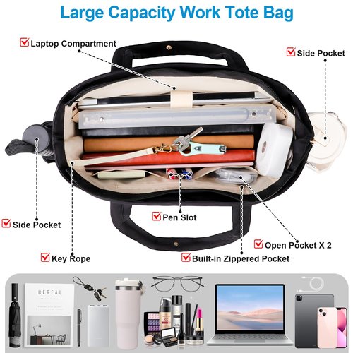 Partreko Work Laptop Tote Bags with Insulated Lunch Compartment& Clutch Purse, Lightweight Puffer Lunch Tote Bag with 15.6 Inch Laptop Compartment for Women Daily Business Office Teacher Nurse (Black)