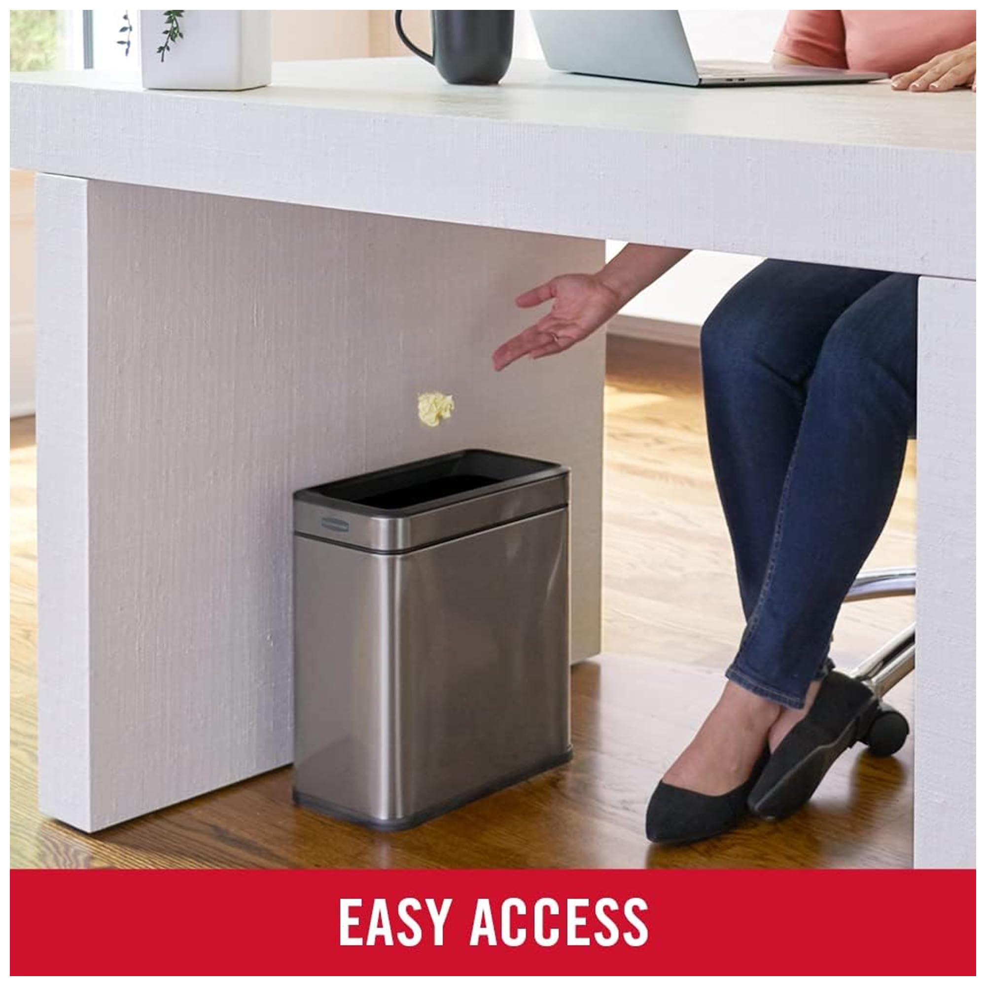 Rubbermaid 2.6-Gallon Charcoal Stainless Steel Wastebasket, Slim Space-Saving Design, Ideal for Home/Office/Bathroom