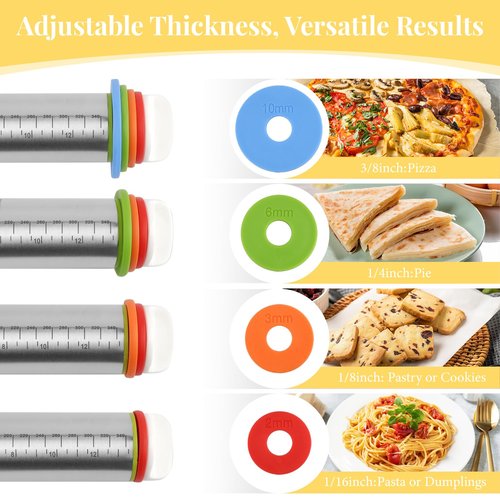 Adjustable Rolling Pin with 4 Thickness Rings for Baking, 17” Stainless Steel Dough Roller with Clear Measurement Markings for Pizza, Fondant, Pie, Cookies, Baking Supplies, Pastry, Pasta