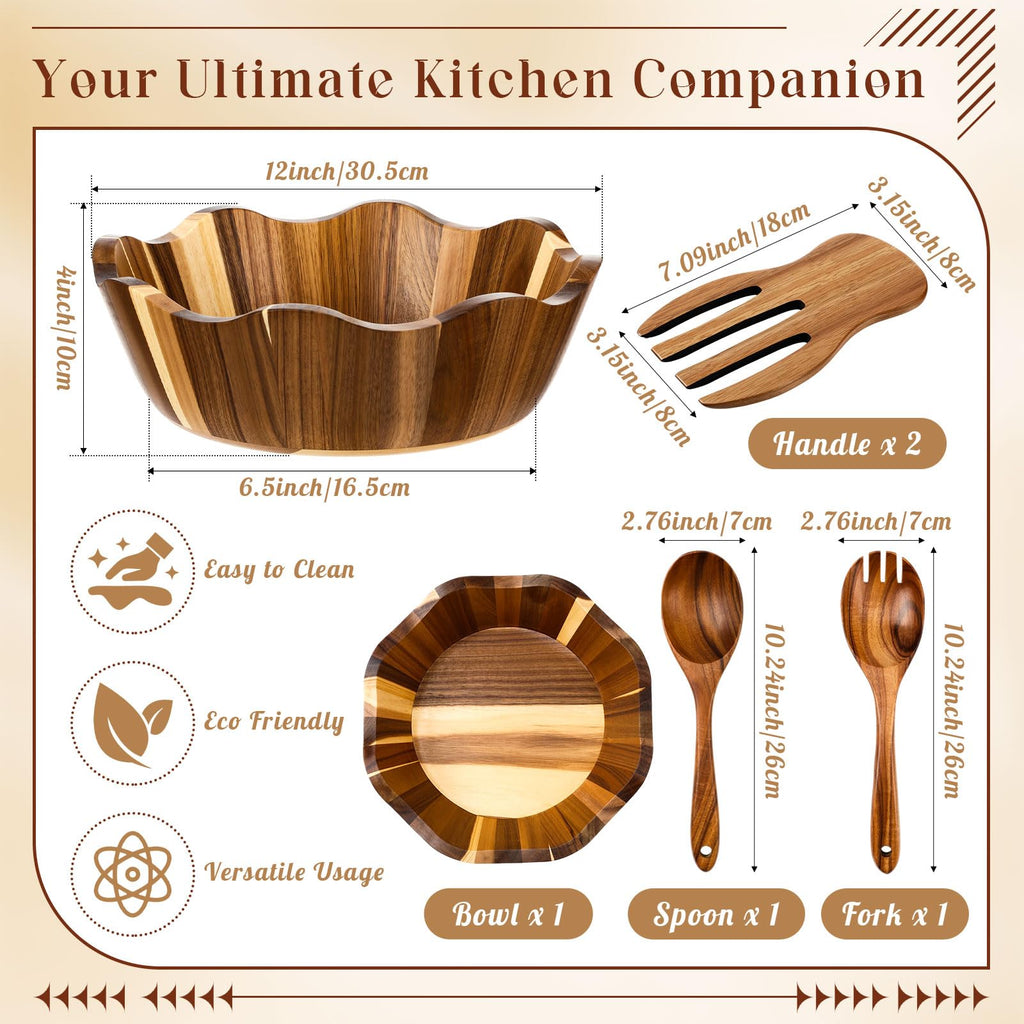 LemonRoad Wooden Salad Bowls Set 12 inch Wavy Large Acacia Wood Serving Bowl with 2 Wooden Hands 2 Utensils Fork Spoon for Fruit, Salad, Cereal, Corn flake, Pasta, Food(Irregular Shaped)