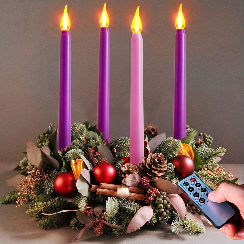 Regine Switzerland Flameless Taper Candles - Set of 4 Battery Operated, Flickering Purple & Pink for Home Decor