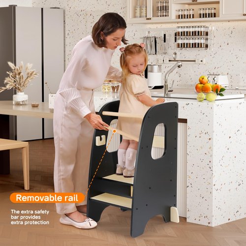Ezebaby Toddler Kitchen Stool Helper, Standing Tower for 1.5-6 Year Olds, Rounded Edge Design & Anti-Tip Base, Removable Rail Kitchen Step Stool-Black