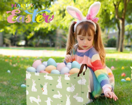 BOOHIT Large Easter Baskets Empty Boy Toy Storage Bin Girls collapsible kid Hamper Baby Waterproof Storage Box Spring Gifts Decor(White Rabbit Holding Carrot)