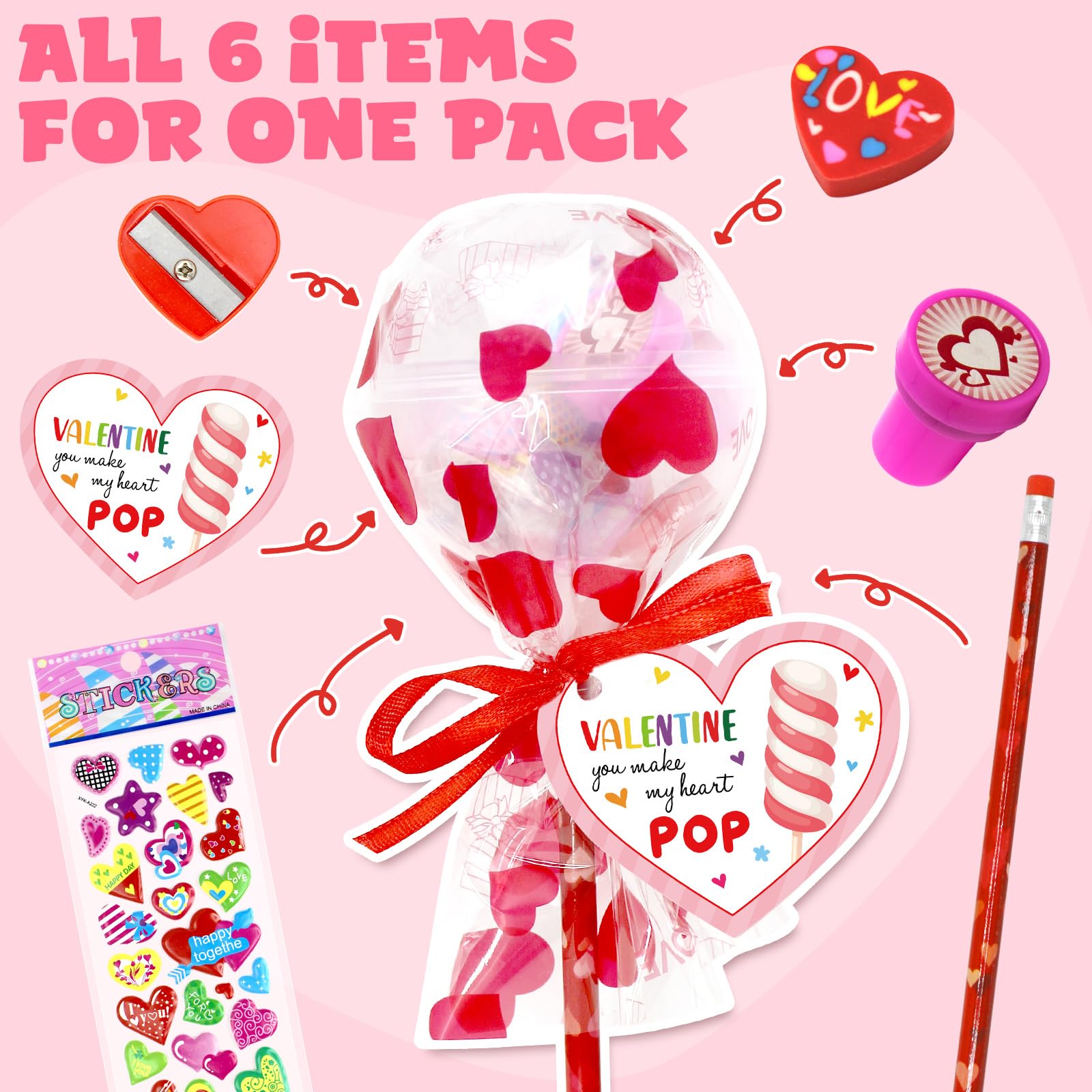 JJXUANER 24 Pack Valentines Day Gifts, Valentine's Day Gifts with Valentines Cards Pencils Stickers Erasers Stampers