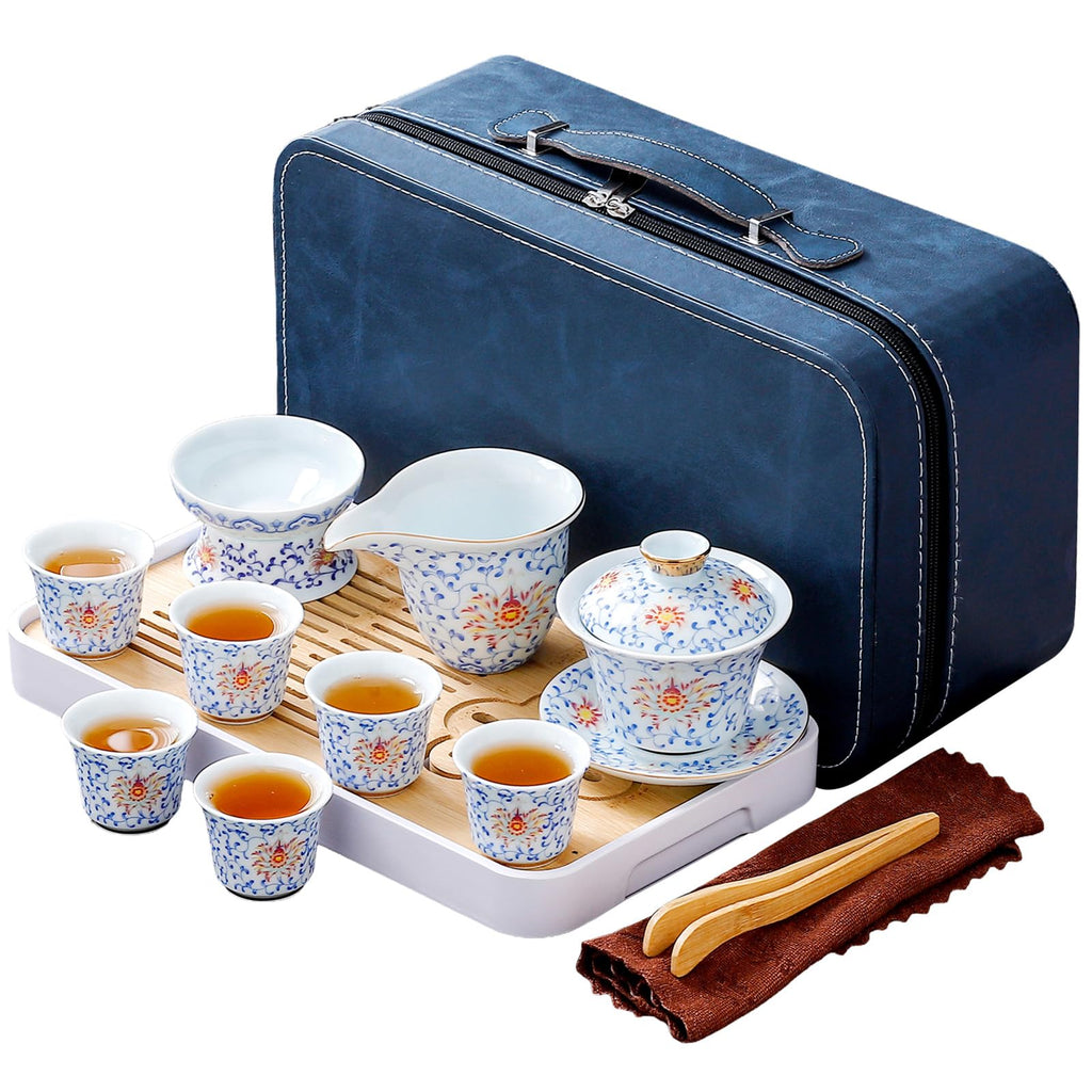REOWONU Japanese Tea Set Traditional with 6 Cups, Chinese Gongfu Tea Set for Adults, Gold-plated Edge Craftsmanship (Entwined lotus 6cups)