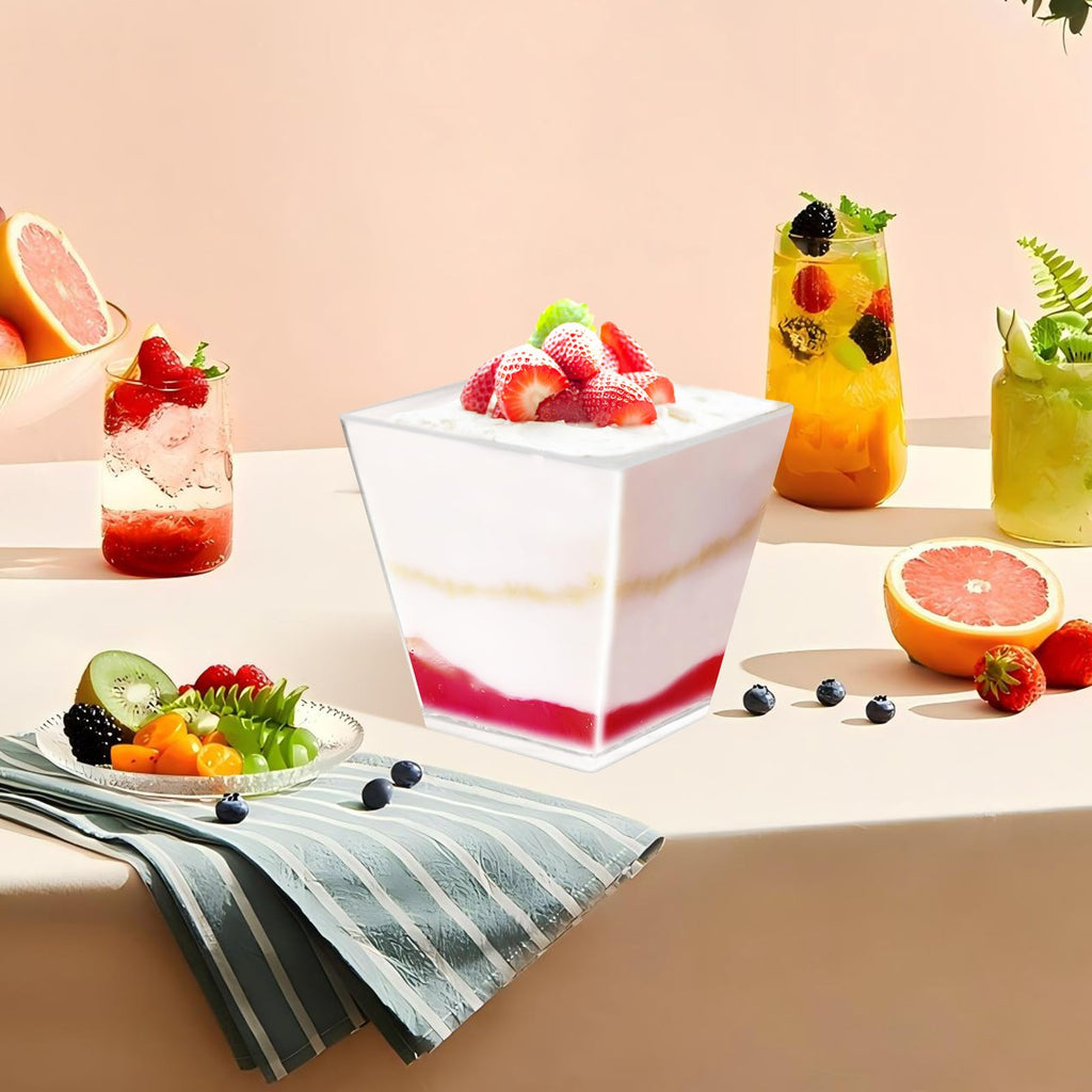 piopiocoing 50 Pack 3.5 oz Clear Plastic Square Dessert Cups with Spoons，Mini Disposable Parfait Cups for Yogurt, Ice Cream and Tasting，Serving Cups for Appetizer，Pudding，Party (3.5 oz)