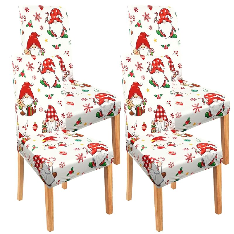 Christmas Gnome Chair Covers Set of 4 - Winter Snowflake Holly Elastic Dining Chair Covers (Variation: Christmas Gnome+4 Pieces)