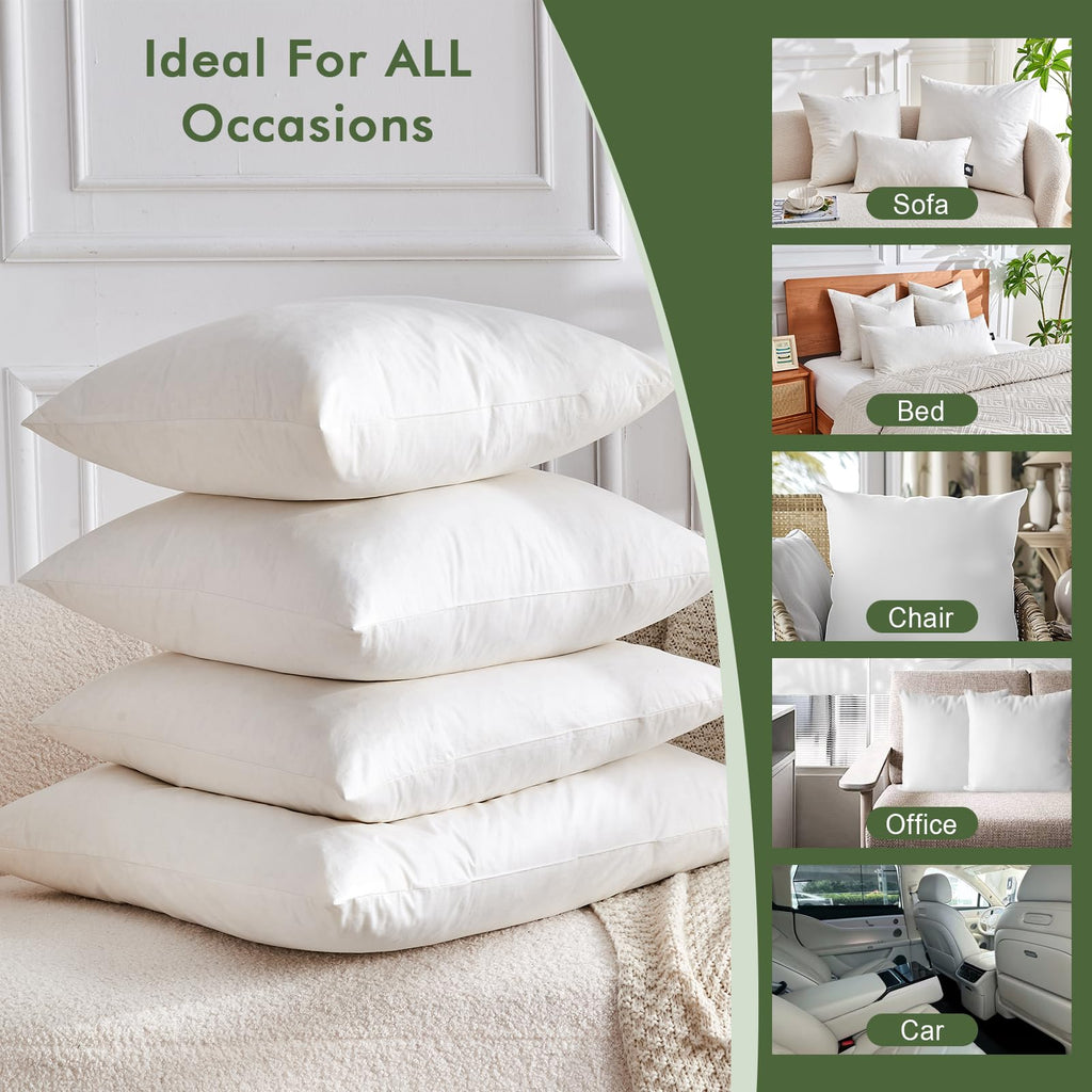 TOPGREEN Feathers Down Throw Pillow Inserts 28x28, Set of 2, 100% Organic Cotton Shell, Soft Decorative Euro Pillow Insert for Living Room Sofa, Couch, or Bed (White)