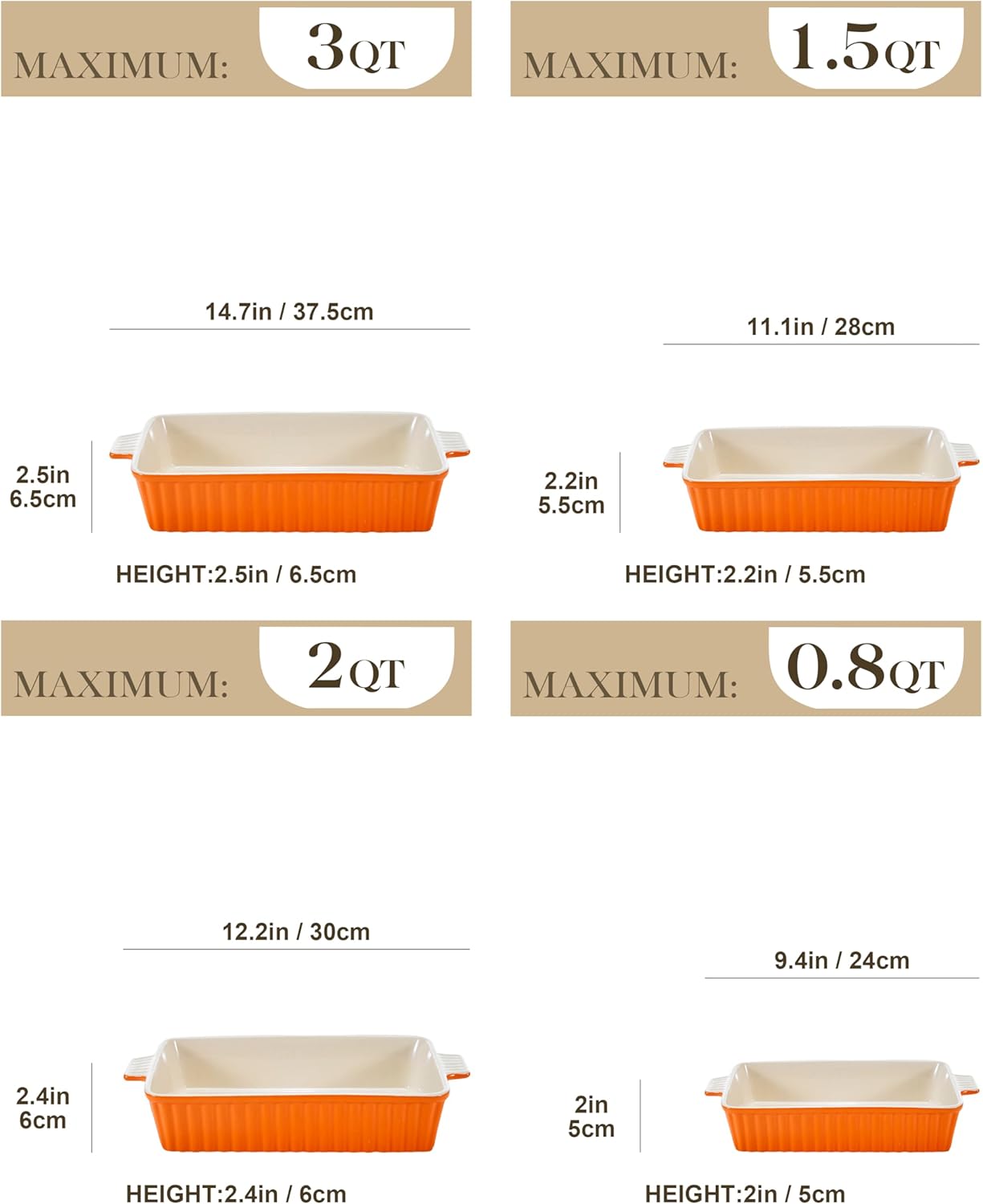 MALACASA Casserole Dishes - Porcelain Bakeware Set of 4 in White and Orange for Oven Cooking