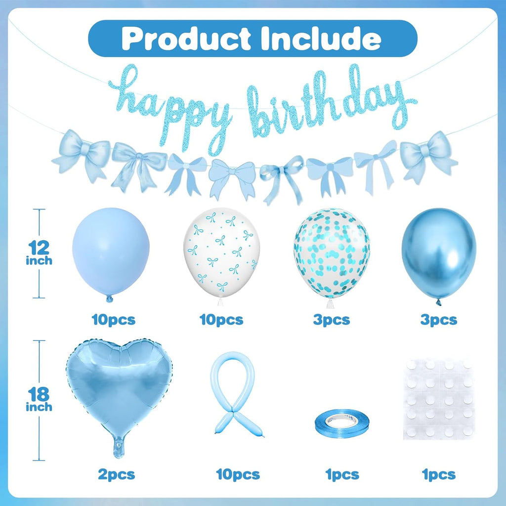 Skiennix Blue Bow Birthday Decorations - Coquette Party Set with Happy Birthday Banner & Foil Balloons