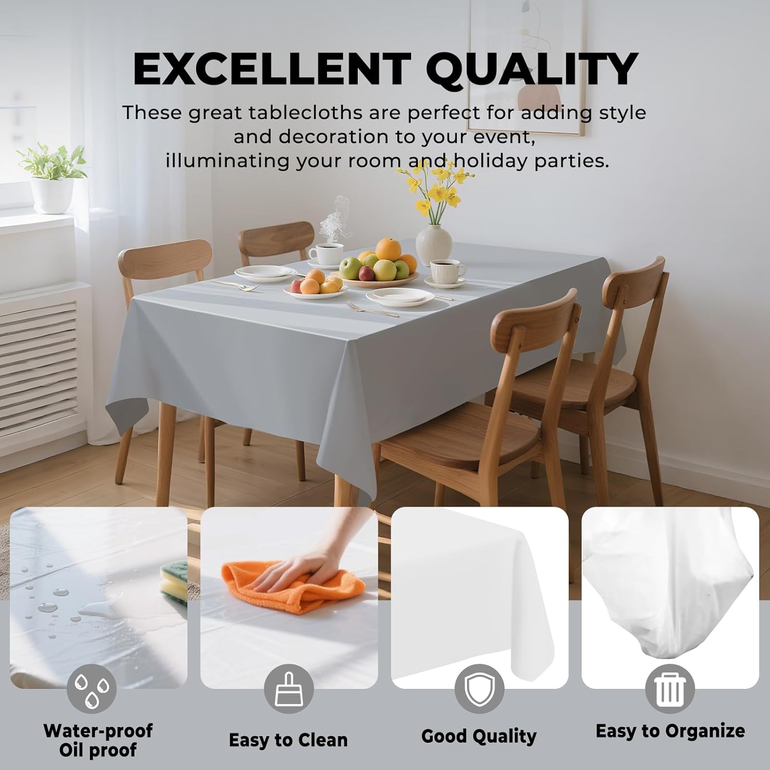 Skiennix Premium Disposable Plastic Tablecloths - 6 Pack | 54" x 108" for Indoor/Outdoor Events - Silver Grey