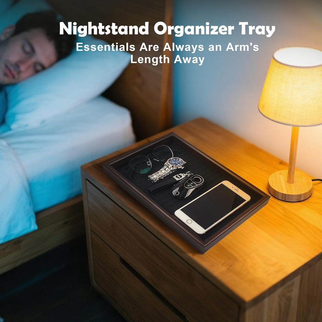 Zosenley Wooden Valet Tray - Stylish Leather Base Nightstand Organizer for Keys, Wallet, Phone & Jewelry (Black)