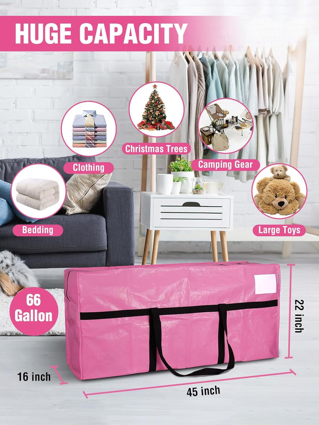 WORKPRO 66 Gallon Extra Large Moving Bag - Heavy-Duty, Water-Resistant Storage Tote | Pink with Zippers & Carry Handles