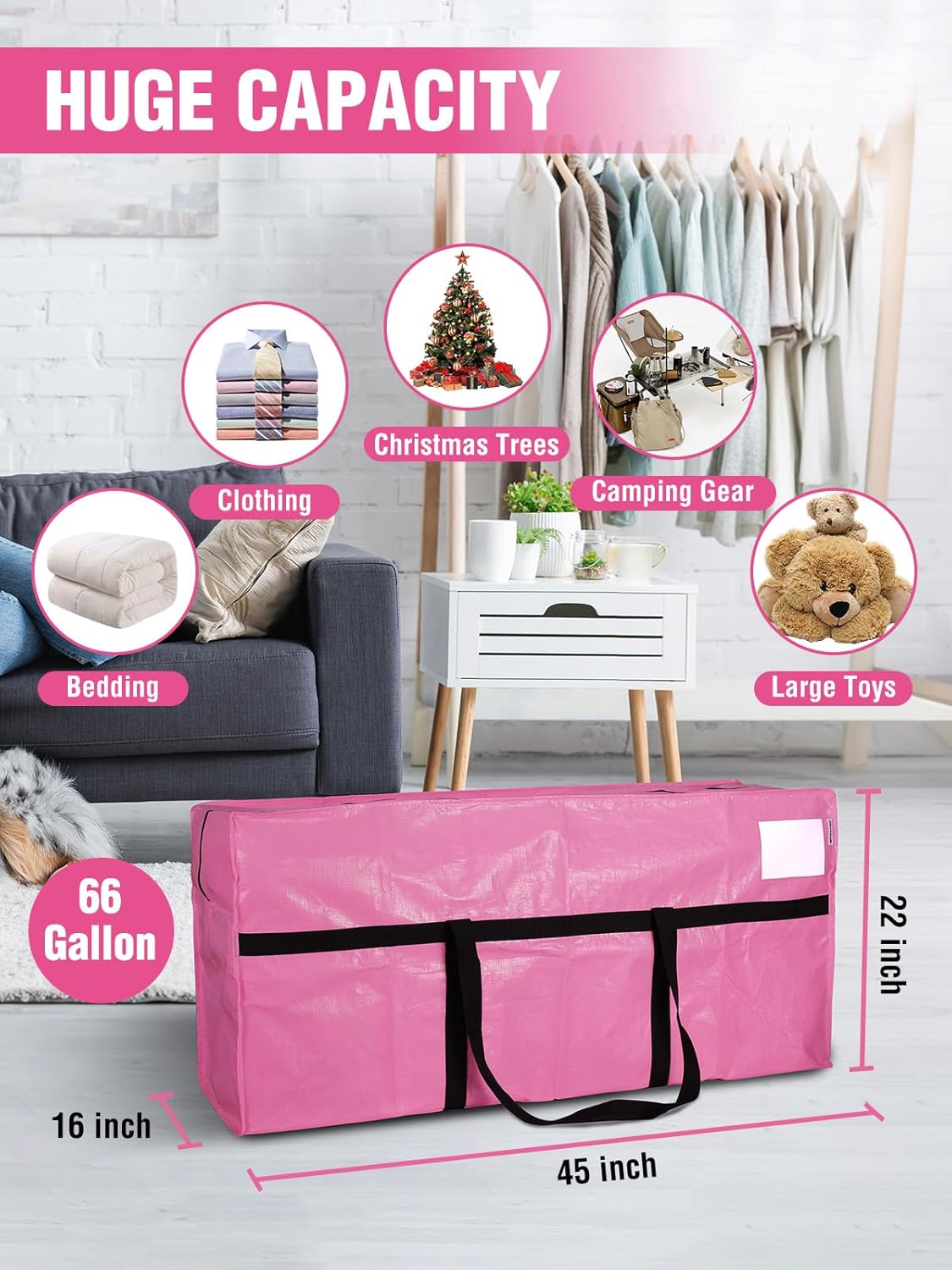 WORKPRO 66 Gallon Extra Large Moving Bag - Heavy-Duty, Water-Resistant Storage Tote | Pink with Zippers & Carry Handles