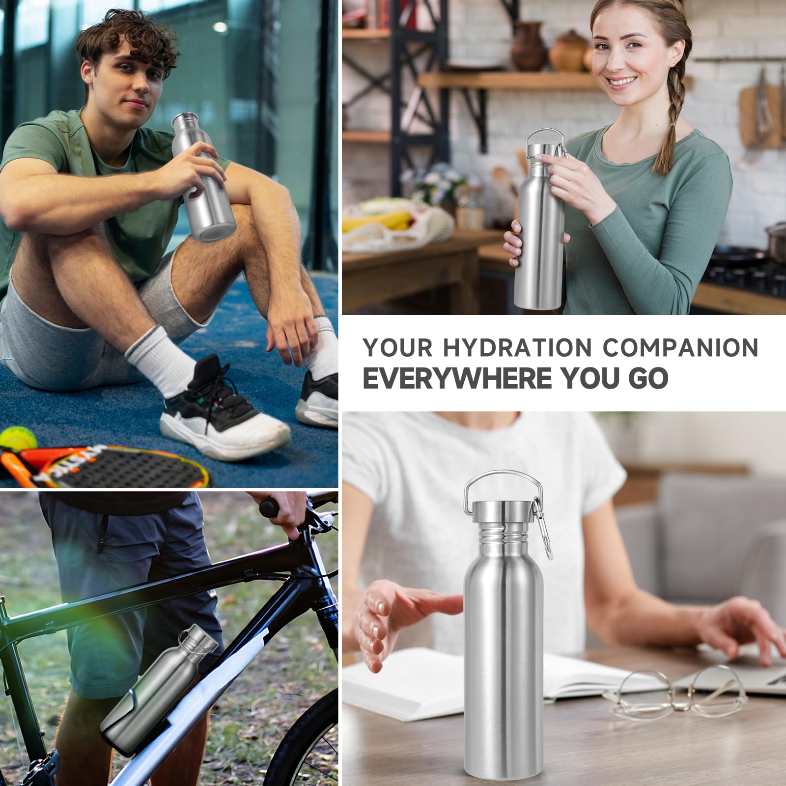 Volhoply 26oz Uninsulated Single Walled Water Bottle, Stainless Steel Reusable Water Bottles with Handle & Carabiner, BPA Free Wide Mouth Water Bottles for Gym Sports Camping(Silver,1)