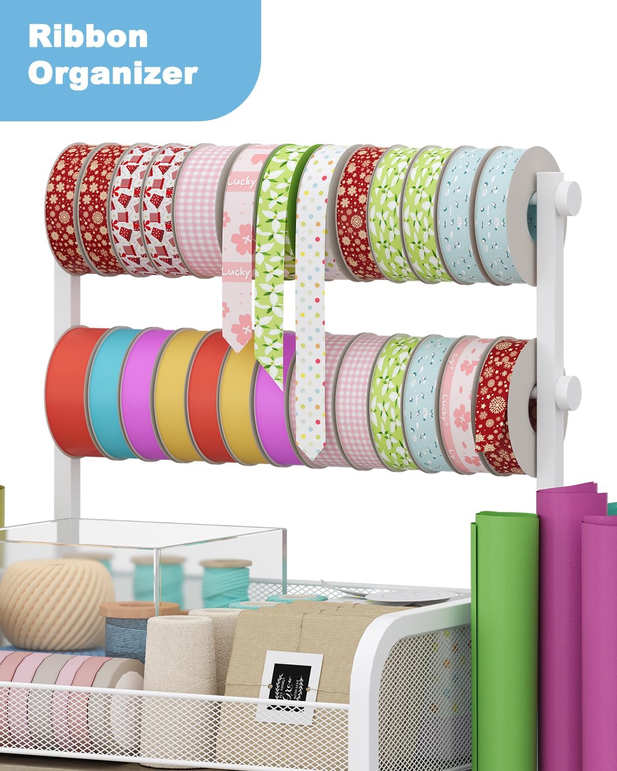 Rsaayekkt Wrapping Paper Storage Cart - Rolling Gift Wrap Station with Fabric Drawer & Ribbon Holder | Metal Craft Organizer
