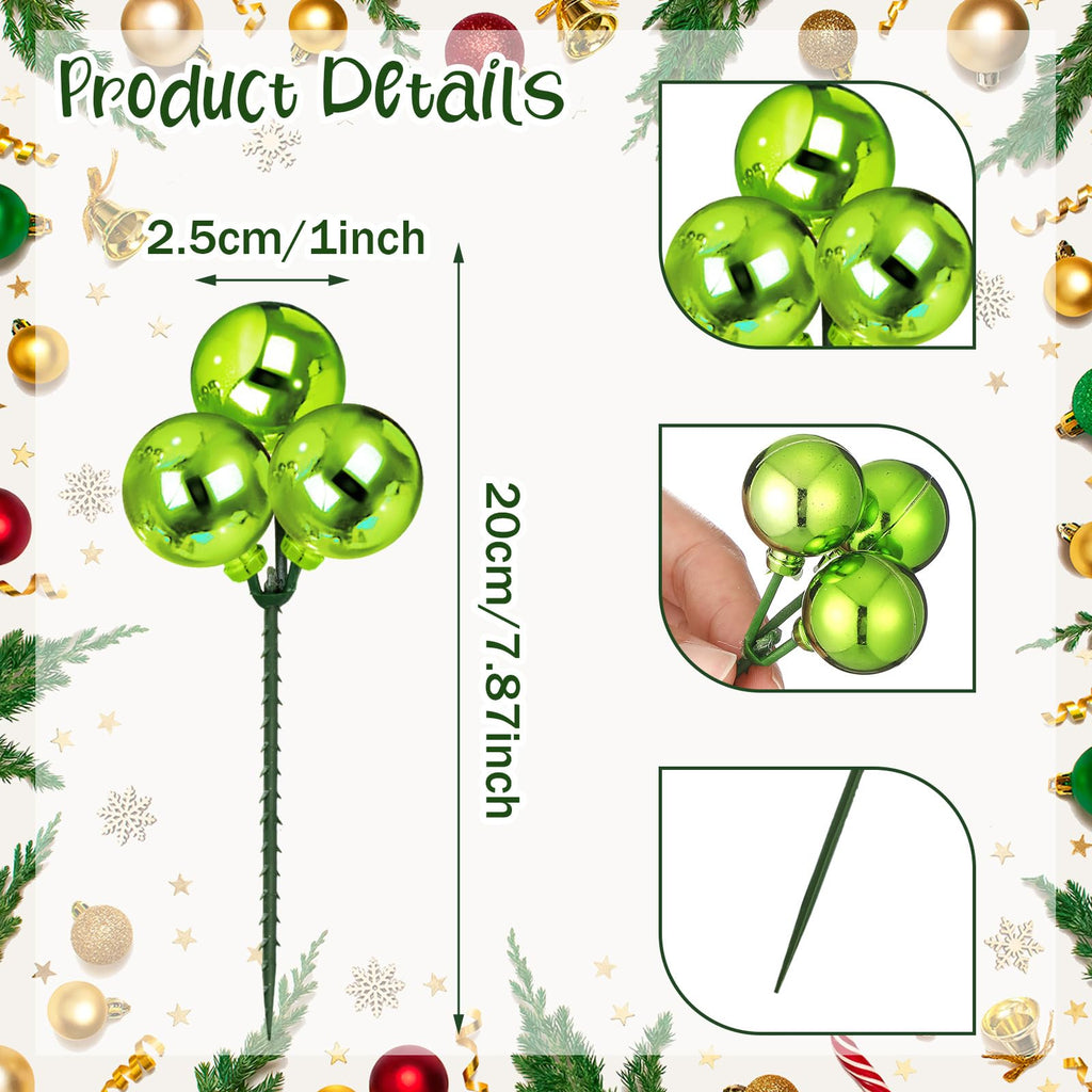 Syhood 12 Set 7.9 Inch Christmas Ball Ornaments on Wired Picks Shatterproof Xmas Lime Green Ball Picks for Christmas Tree Vase Wreath Stairs Garland Decoration Supplies