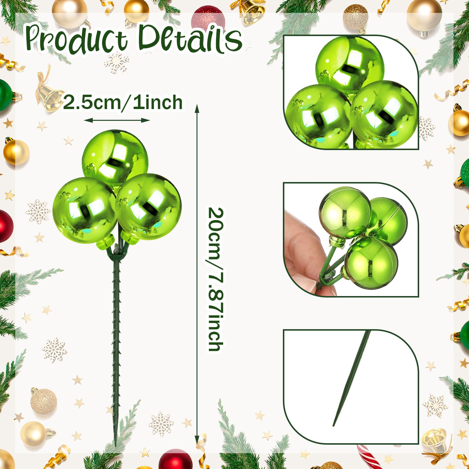 Syhood 12 Set 7.9 Inch Christmas Ball Ornaments on Wired Picks Shatterproof Xmas Lime Green Ball Picks for Christmas Tree Vase Wreath Stairs Garland Decoration Supplies