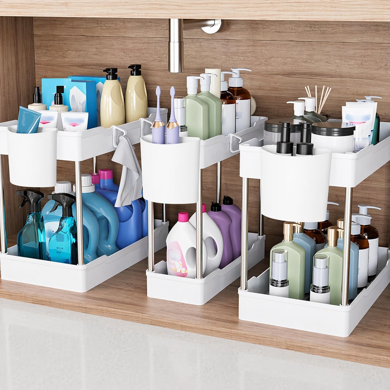 Skiennix Under Sink Organizers - 3 Pack 2-Tier Bathroom Cabinet Shelf with Hanging Cups | White