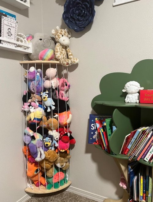 Corner Stuffed Animal Storage Net - Heigh Adjustable Wood Stuffed Animal Organizer - Large Wall Plush Holder Teddy Bear Storage for Bedroom Nursery Decor