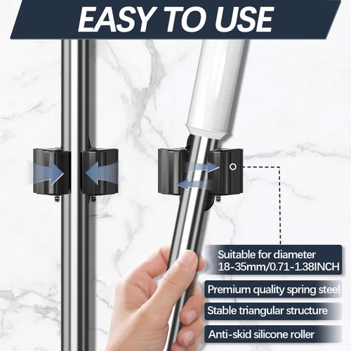 3-H Stainless Steel Broom Holder - Heavy Duty Wall Mount Mop Organizer for Kitchen, Garage & Bathroom (6 Pack)