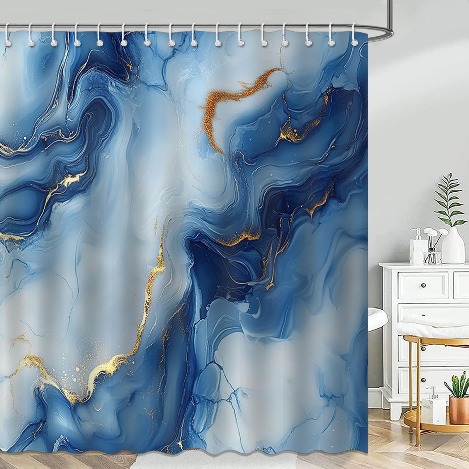 Mocsicka Blue Marble Shower Curtain Abstract Modern Luxury Marble Bathroom Shower Curtain Blue Marble Waterproof Fabric Shower Curtains Bathtub Decor with 12 Hooks 72 X 72 Inch (Blue)