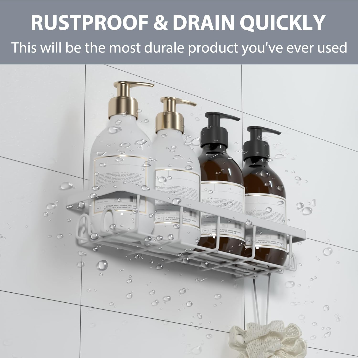 Skiennix Shower Caddy Organizer - Self-Adhesive Bathroom Shelves with Hooks | No Drilling, 3-Pack White