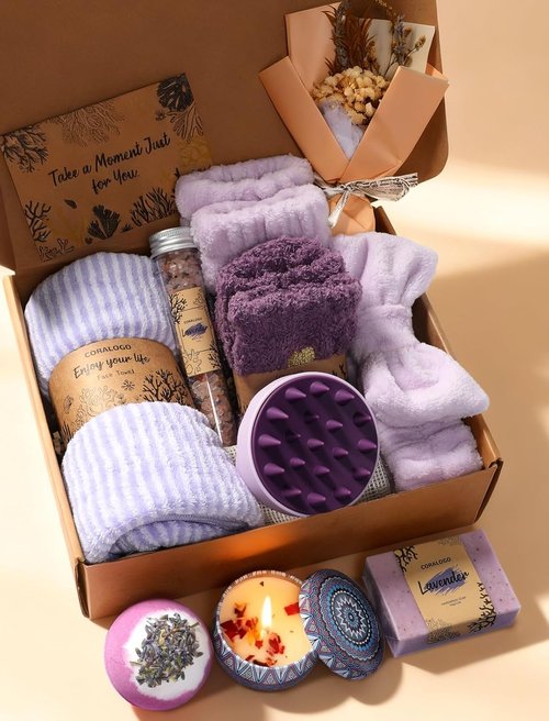 Coralogo Lavender Spa Gift Basket - Natural Pampering Set for Self-Care | 11-Piece Unique Gift for Women