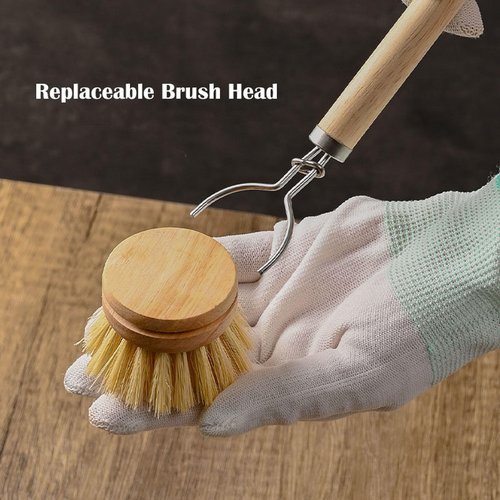 SUPRNN Bamboo Dish Brush with Handle, 1 Sturdy Wooden Handle with 3 Natural Bristle Heads, Horsehair, Sisal, Palm - All Purpose Kitchen Scrubber, Bamboo Wok Brush, Fruit and Veggie Scrubber
