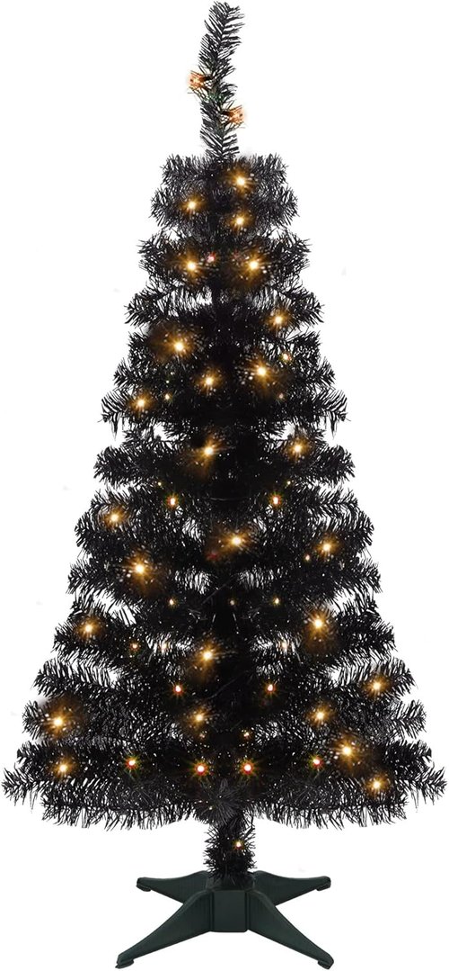 Juegoal Black Christmas Tree - Pre-Lit 4 FT Tinsel Pine with 70 LED Lights & Timer for Halloween Decor