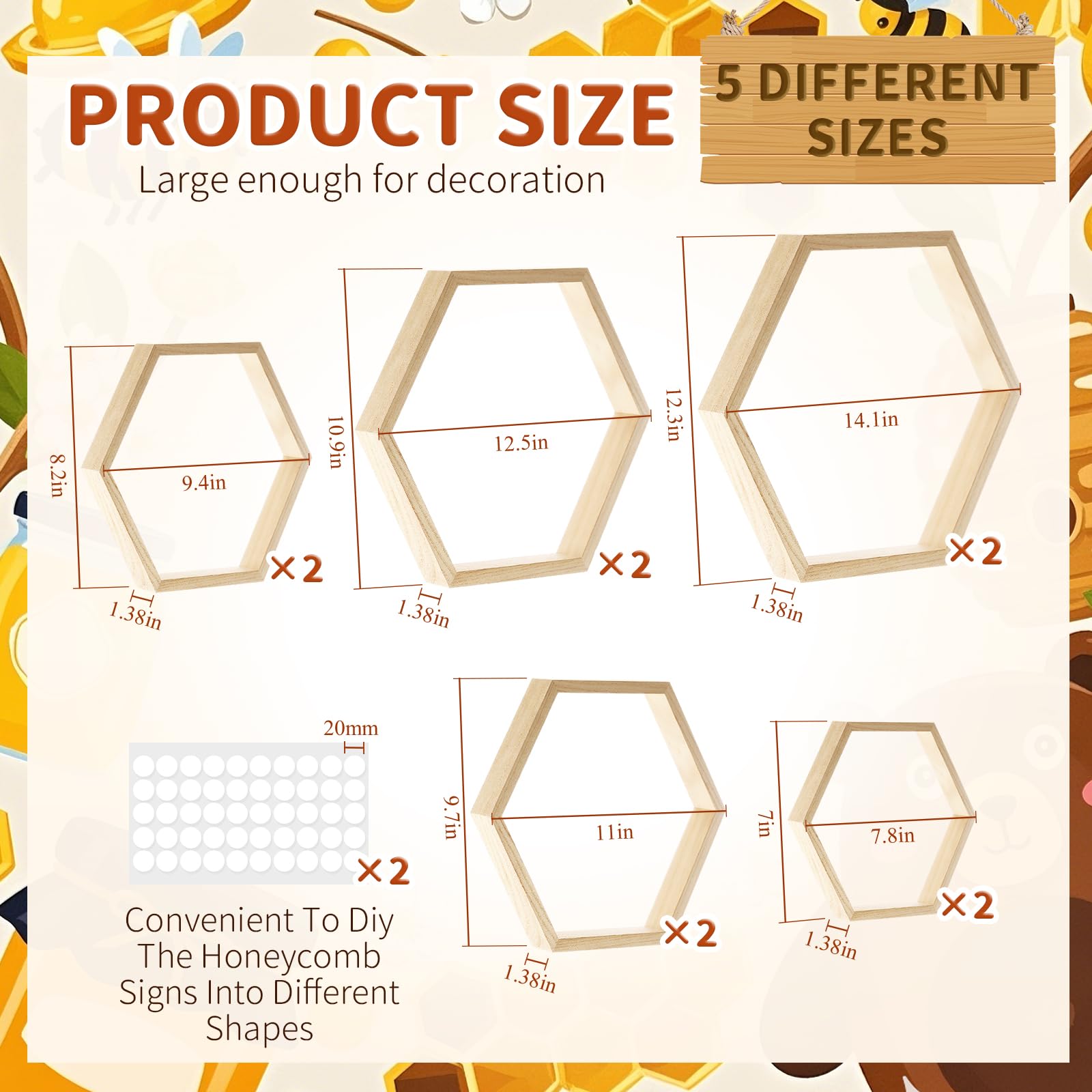 Gerrii 10 Pcs Honey Comb Decorations 5 Sizes Wood Hexagon Shelves Honeycomb Centerpiece Cupcake Stand Wooden Bee Hive Display Holder for Baby Shower Honeybee DIY Birthday Party Decor (Wood Color)