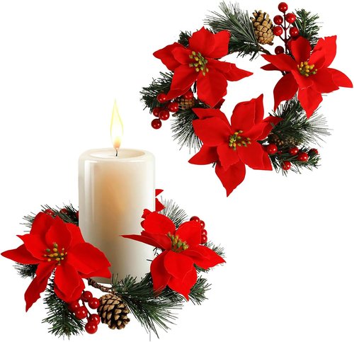Christmas Candle Rings by [Brand Name] - Set of 2 Pinecone & Red Poinsettia Wreaths for Pillar & Taper Candles | Festive Centerpieces for Holiday Decor