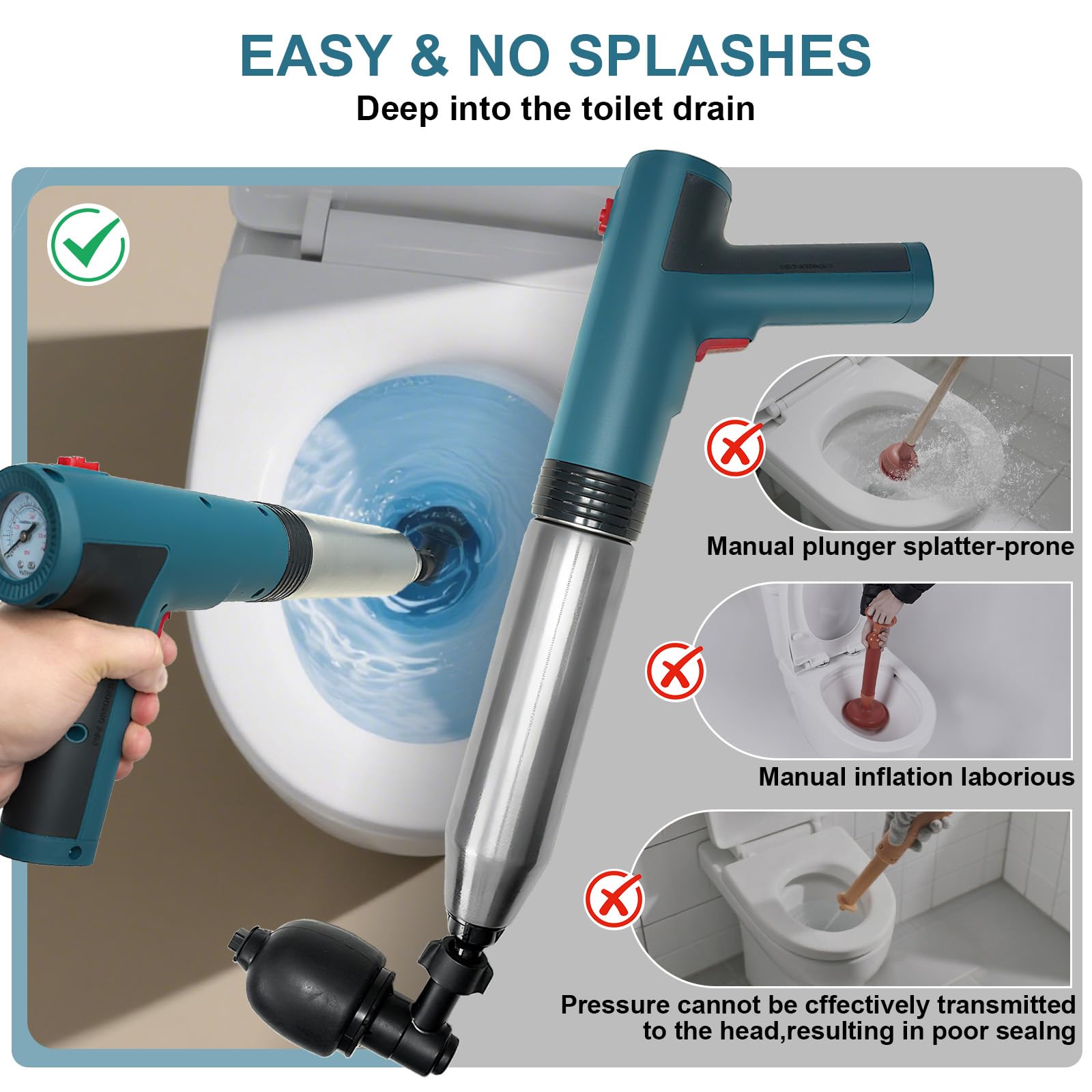 RisxhgYses Electric Toilet Plunger,High Pressure Toilet Plunger,For Bathroom Floors Shower Kitchen Drain Sinks Unclogger, Heavy Duty Clog Remover Declogger Toilet Plumbing Clogs