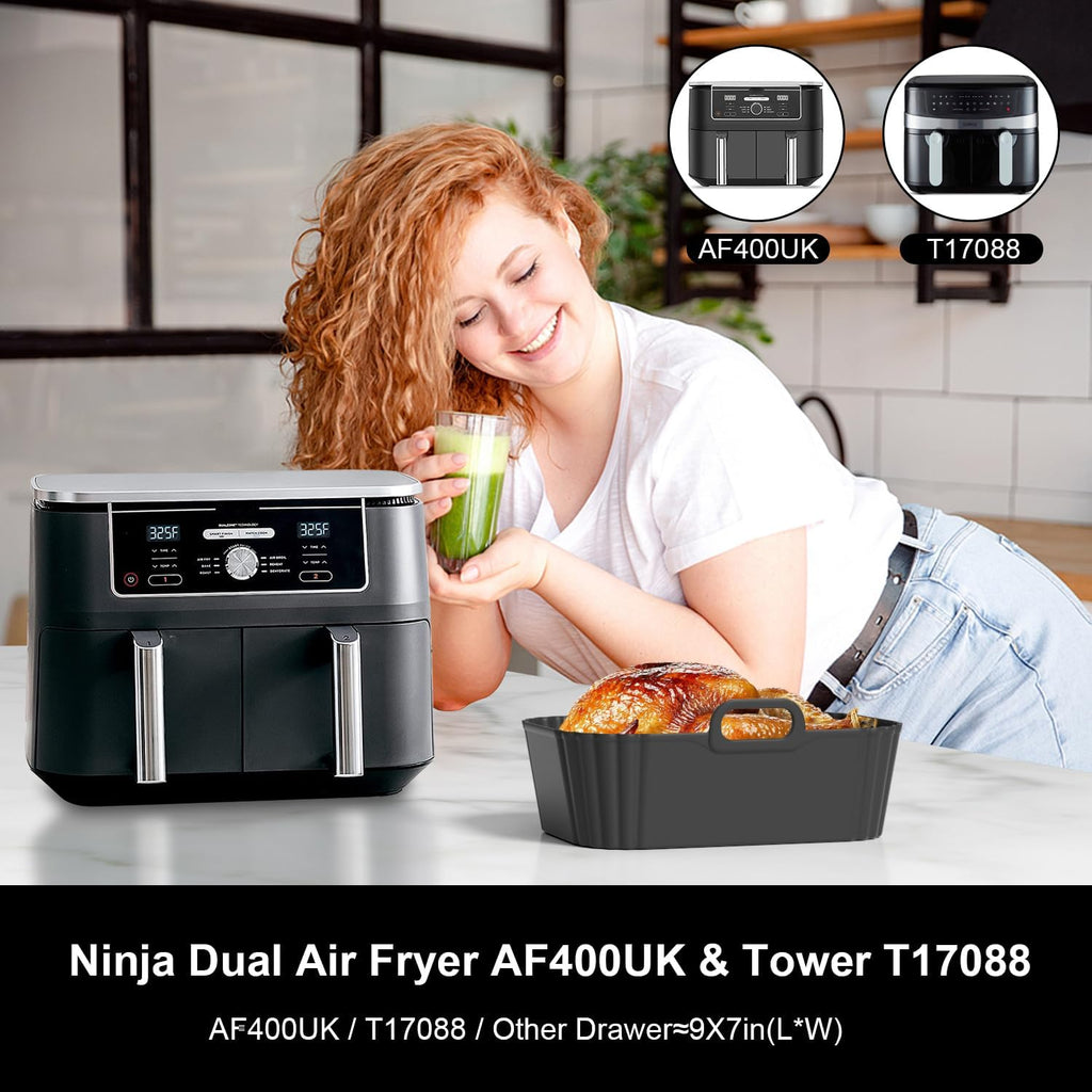 Silicone Air Fryer Liners - Reusable 2 Pack for Ninja Foodi & COSORI 9QT | Fits 8-10QT Dual Baskets