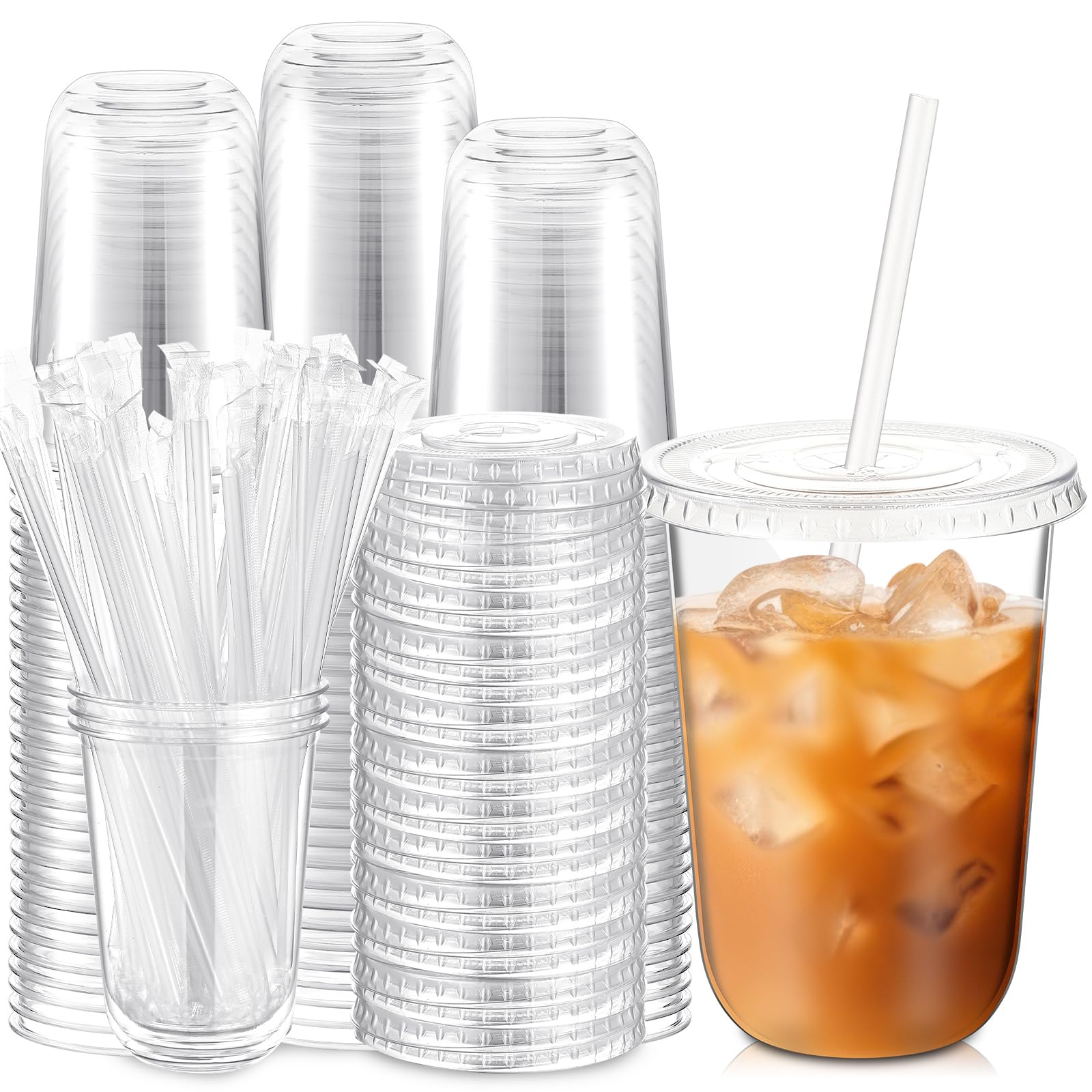Ziliny 100 Sets Clear Plastic Cups with Lids and Straws, Disposable Iced Coffee Cups Clear Drinking Cups for Cold Drinks, Juice, Smoothie, Pet Cup for Coffee Shops, Party, Christmas(16 oz)