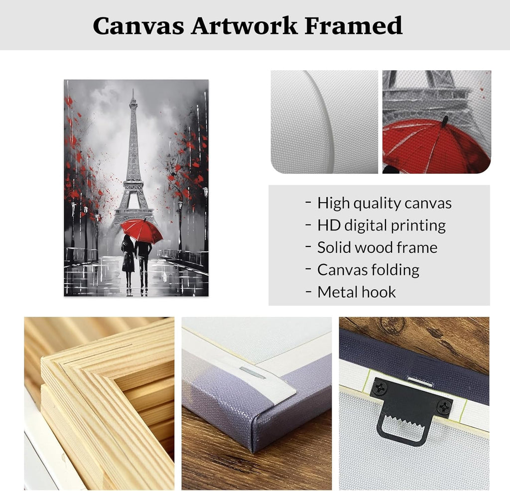 ZXHYWYM Paris Wall Decor - Framed Eiffel Tower Canvas Painting | Romantic Couple Poster (12" x 18")