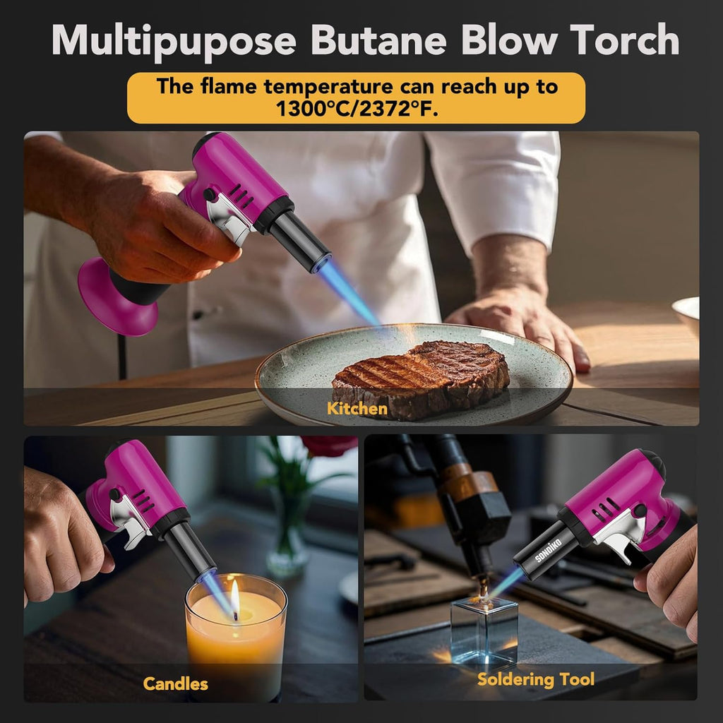 Sondiko Butane Torch - Refillable Soldering Lighter with Adjustable Flame | Pink & Black Design