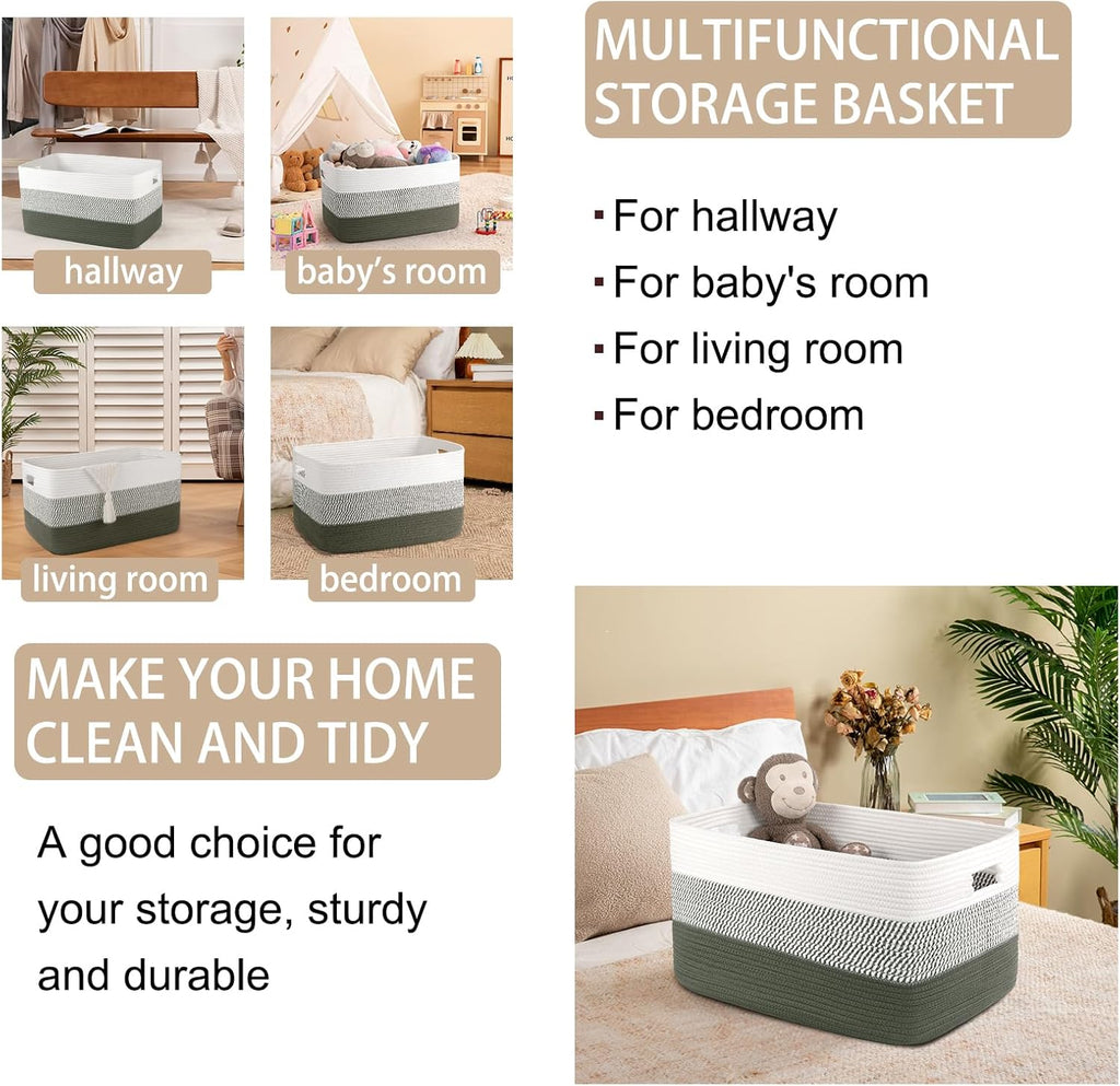 OIAHOMY Large Woven Blanket Basket - 22”x17”x12” Rectangle Storage for Nursery & Living Room | Green/White