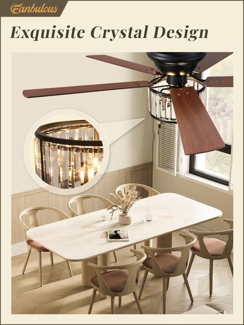 56 Inch Farmhouse Chandelier Ceiling Fan with Remote Control, Black Indoor Crystal Ceiling Fan with 6-Speeds, Quiet Reversible DC Motor, Flush Mount Ceiling Fans with Lights for Bedroom, Living Room