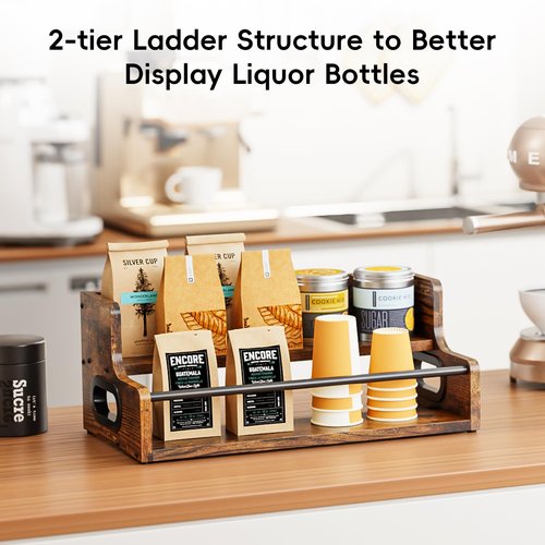 KLM Liquor Bottle Display Shelf, Coffee Syrup Rack Organizer, 2 Step Countertop Liquor Wine Rack, mini bar,Liquor Cabinet, Home Retro Bar Shelf Stand for Liquor Whiskey, Spirits, Brown