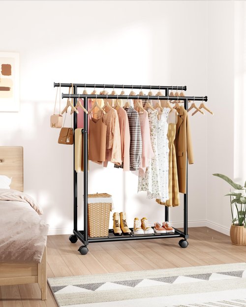 Sakugi Metal Clothes Rack - Double Rod Clothing Rack with Fixed Extension Rod & Universal Wheels, Coat Rack with Built-In Shelf for Closet Organizers and Storage (38.5" x 16.9" x 59.0", Black)