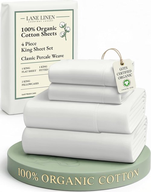 LANE LINEN King Bed Set - 100% Organic Cotton, Ultra Soft 4-Piece Crisp Percale Sheets - Glacier Grey
