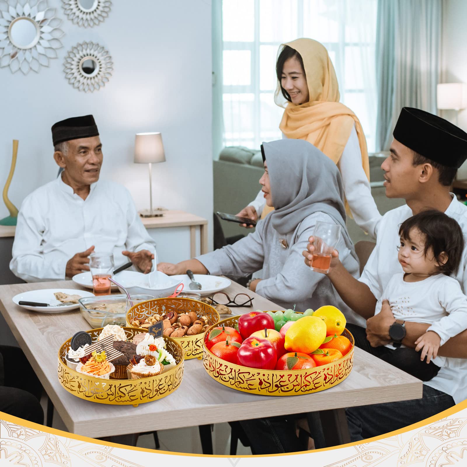Ramadan Serving Trays - 3 Pieces Iron Gold Round Platter, 3 Sizes Eid Candy Dish, Muslim Pastry Snacks Dessert Holder for Ramadan Mubarak Party Supplies Home Decor