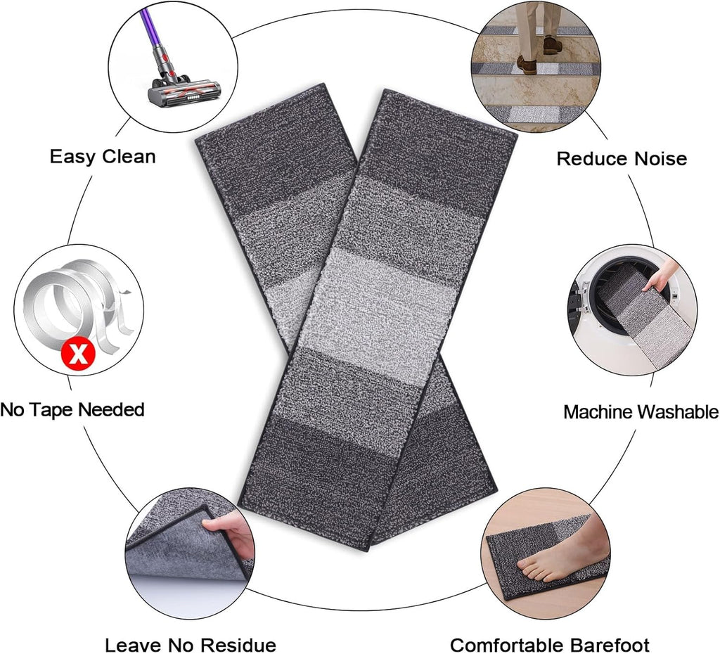 OLANLY Non-Slip Stair Treads - 15PCS Indoor Stair Runners for Wooden Steps | 8" x 30" Grey Edging Rugs with Reusable Peel and Stick Adhesive for Safety