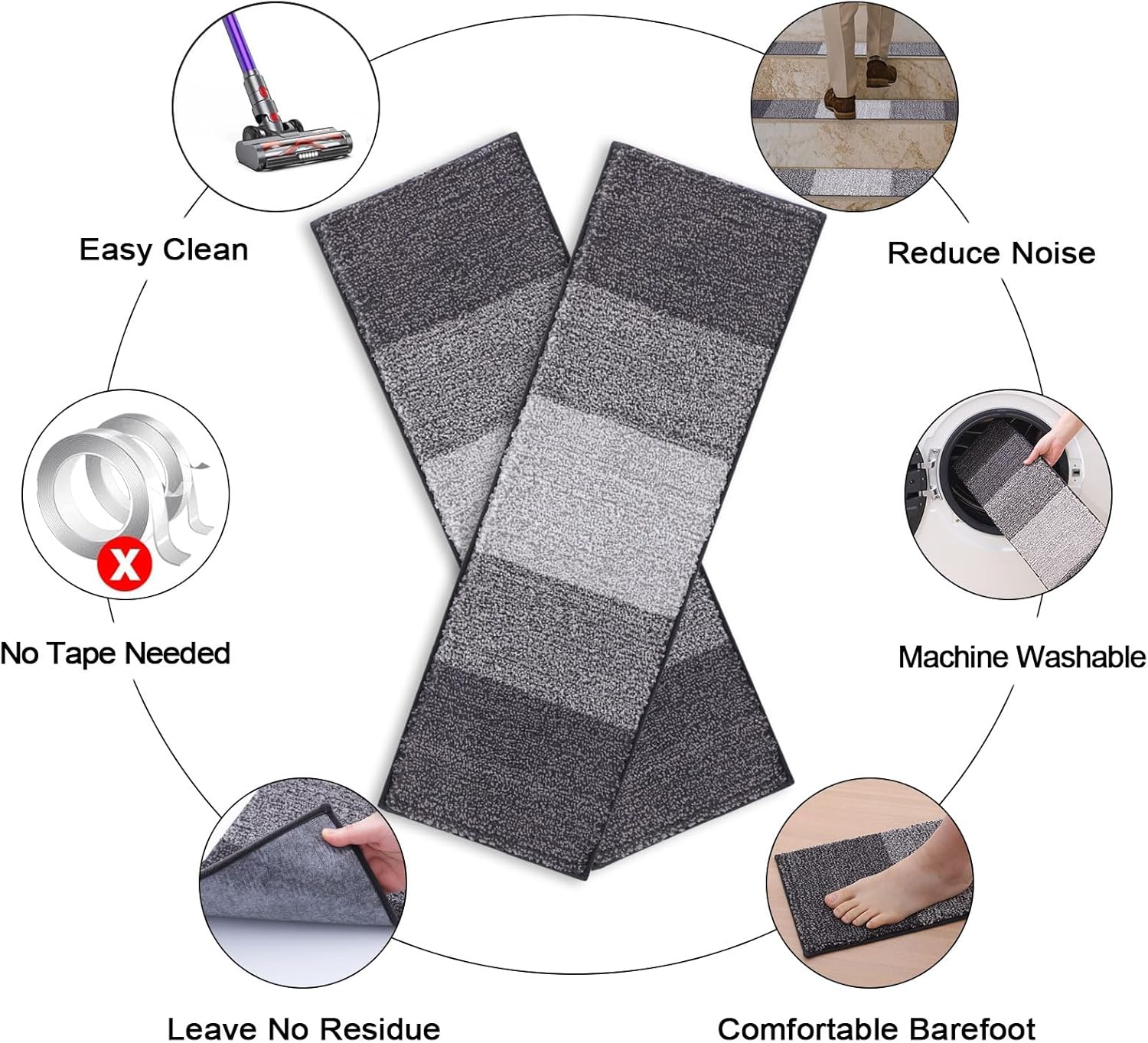 OLANLY Non-Slip Stair Treads - 15PCS Indoor Stair Runners for Wooden Steps | 8" x 30" Grey Edging Rugs with Reusable Peel and Stick Adhesive for Safety
